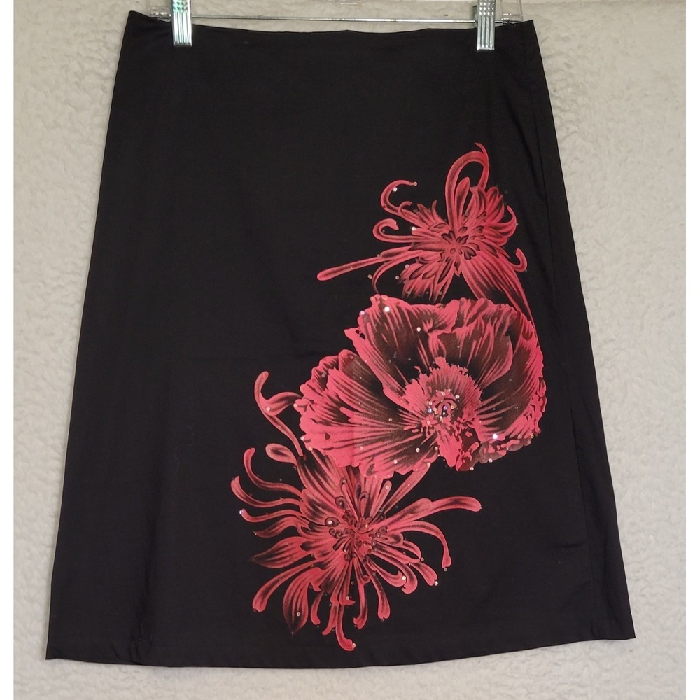 Shasa Collection Womens Skirt Size Large Black Floral Sequins Zip Stretch 1551